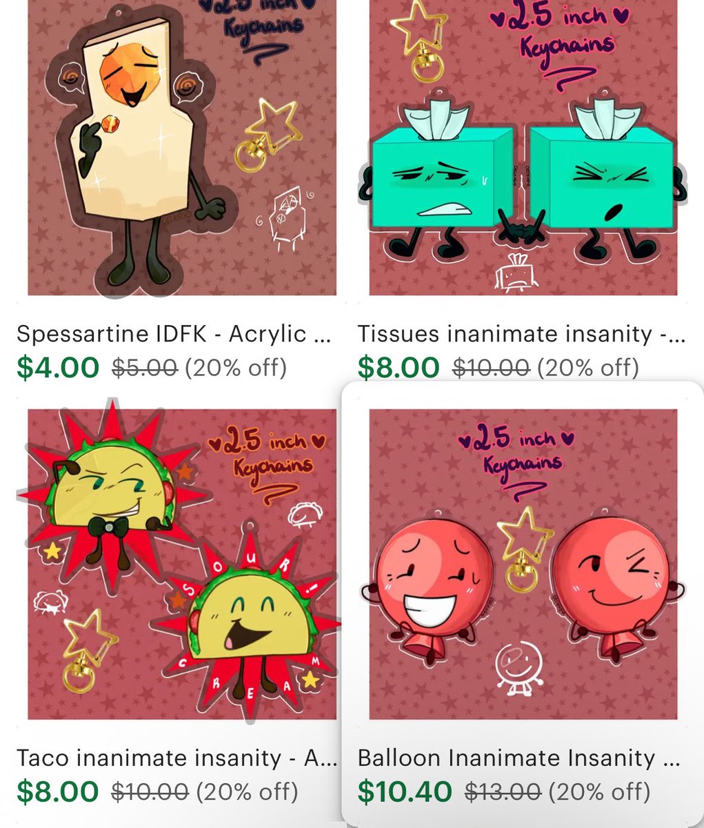 FireySwingy's tweet image. Hi guys taco,knife,trophy,marshmallow,mephone x,tissues, balloon and clover keychains are all on my store rn if u missed em. I have 1 left of most of them so if you want em now’s ur chance! Oh yeah + idfk charas.
#inanimateinsanity #objectshowcommunity
delangodraws.etsy.com