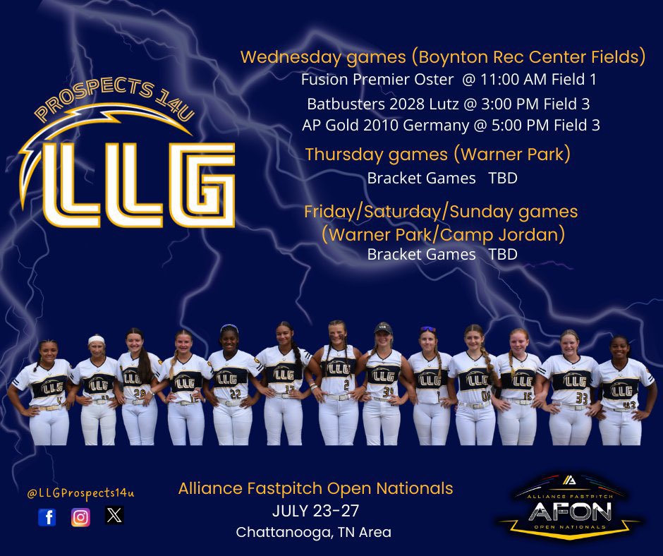 LLG Prospects 14u (@llgprospects14u) on Twitter photo Next game is tomorrow at 8 am at Frost Stadium versus Tennessee Mojo Grip.
See you there! Let’s go!!!
<a href="/Org_LLG/">Lady Lightning Gold Org Account</a> <a href="/TonySmi92219285/">Tony Smith</a> <a href="/LawsonGerland/">Lawson Gerland</a> Next game is tomorrow at 8 am at Frost Stadium versus Tennessee Mojo Grip.
See you there! Let’s go!!!
<a href="/Org_LLG/">Lady Lightning Gold Org Account</a> <a href="/TonySmi92219285/">Tony Smith</a> <a href="/LawsonGerland/">Lawson Gerland</a>