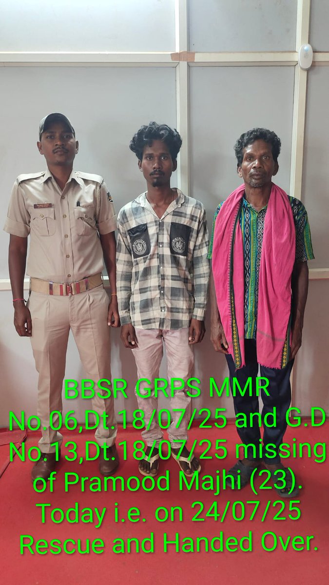 On July 24, 2025, Inspector Ashok Kumar Gochhayat, IIC BBSR GRPS, rescued one Pramod Majhi of Nuapada district from Nirakarpur, Khurda,  who was missing since July 18, 2025. He has been missing from BBSR Railway station In this connection GRPS BBSR  MMR No. 06, Dt. 18.07.25  has