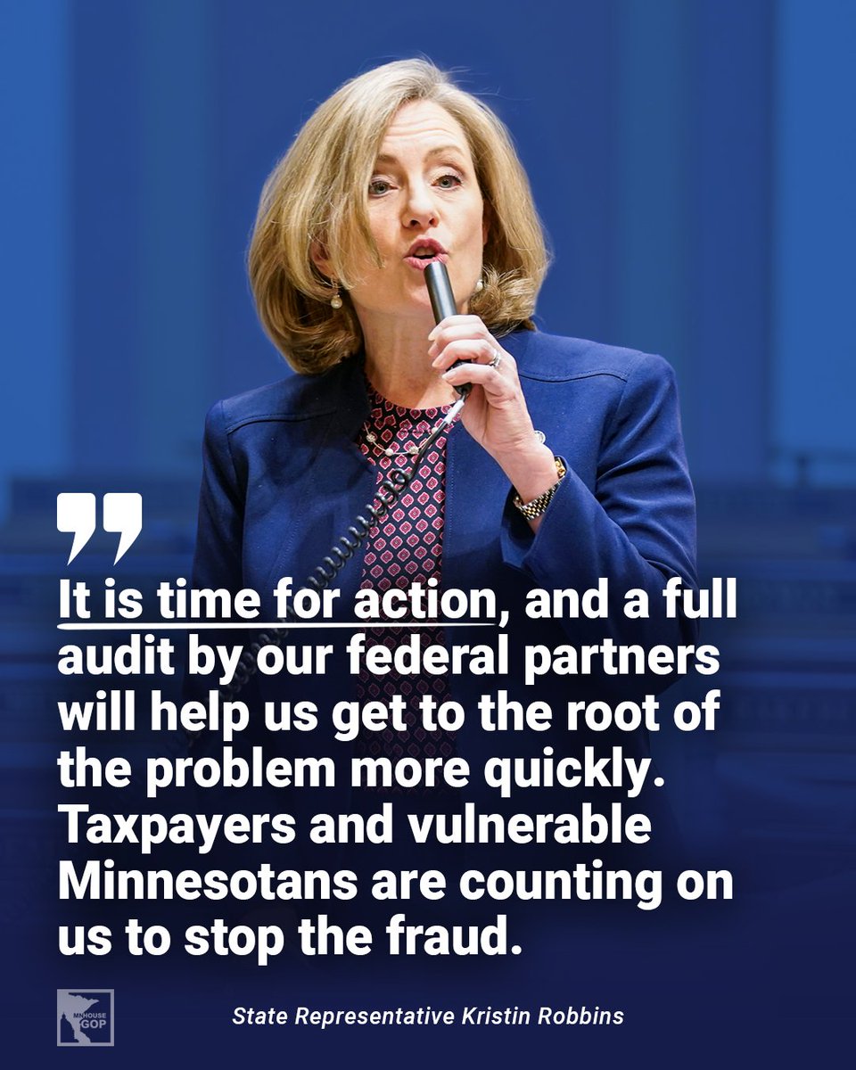 MN House Republicans (@mnhousegop) on Twitter photo BREAKING: Fraud Committee Chair <a href="/KRobbinsMN/">Kristin Robbins</a> formally requests federal audit of Minnesota's DHS amid Medicaid fraud allegations: "We cannot wait any longer for more hearings and reform packages." BREAKING: Fraud Committee Chair <a href="/KRobbinsMN/">Kristin Robbins</a> formally requests federal audit of Minnesota's DHS amid Medicaid fraud allegations: "We cannot wait any longer for more hearings and reform packages."