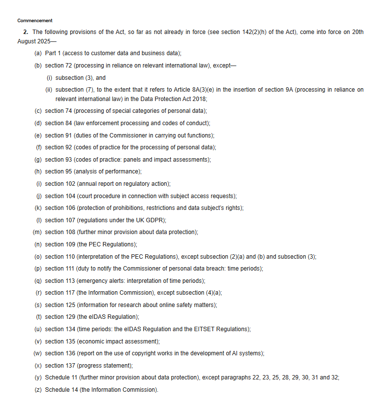 The UK Government has published regs that will bring various sections of the Data (Use and Access) Act into force on 20 August 2025:

The Data (Use and Access) Act 2025 (Commencement No. 1) Regulations 2025 legislation.gov.uk/uksi/2025/904/…

#DUAAct #dataprotection #smartdata
