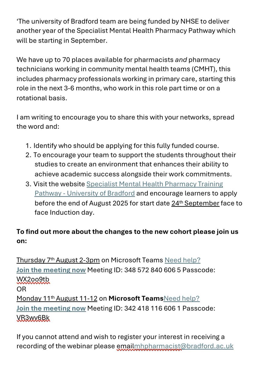 .#PharmacyTechnicians in England working in mental health read on for some exciting news from my lovely colleague <a href="/diane_webb2/">Diane Webb (she, her, hers) SFHEA</a> ⬇️

If interested please use the contact details in the photo.