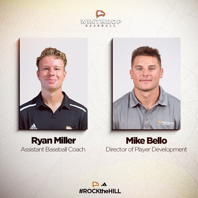 WinthropBSB's tweet image. 𝗦𝗵𝘂𝗳𝗳𝗹𝗶𝗻𝗴 𝗮𝗻𝗱 𝗔𝗱𝗱𝗶𝘁𝗶𝗼𝗻𝘀 🦅
Ryan Miller has been promoted to Assistant Baseball Coach and Mike Bello joins the Eagles as the Director of Player Development!
Full Release: bit.ly/3UnGHlI
#ROCKtheHILL | #BigSouthBSB