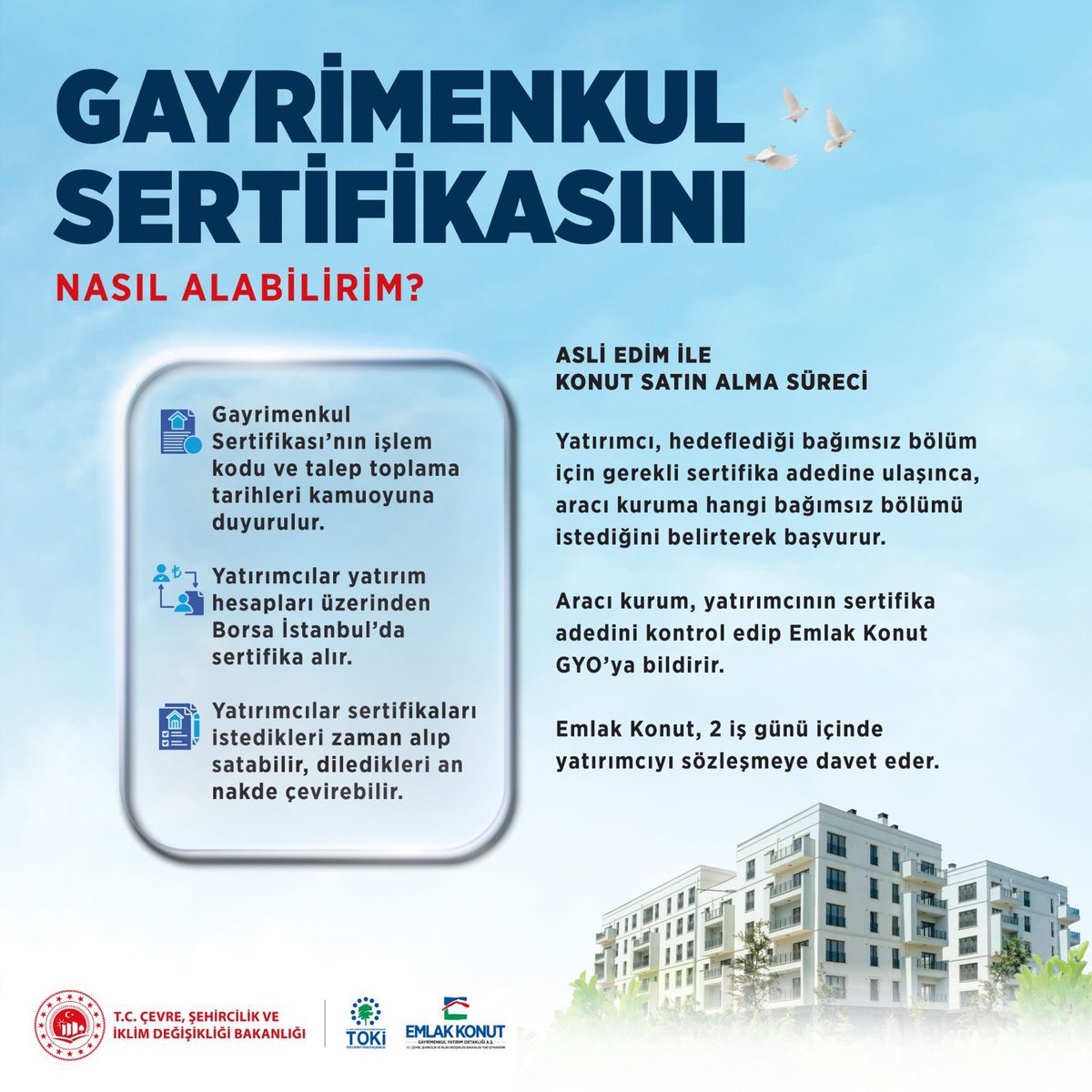 Bakan Murat Kurum’un “damlaya damlaya ev olur” sözü, şimdi gerçeğe dönüşüyor.

TOKİ ve Emlak Konut güvencesinde hayata geçen Gayrimenkul Sertifikası ile küçük birikimlerle ev sahibi olmanın kapısı açılıyor.

Borsa’da işlem, devlette güven!

#GayrimenkulSertifikası