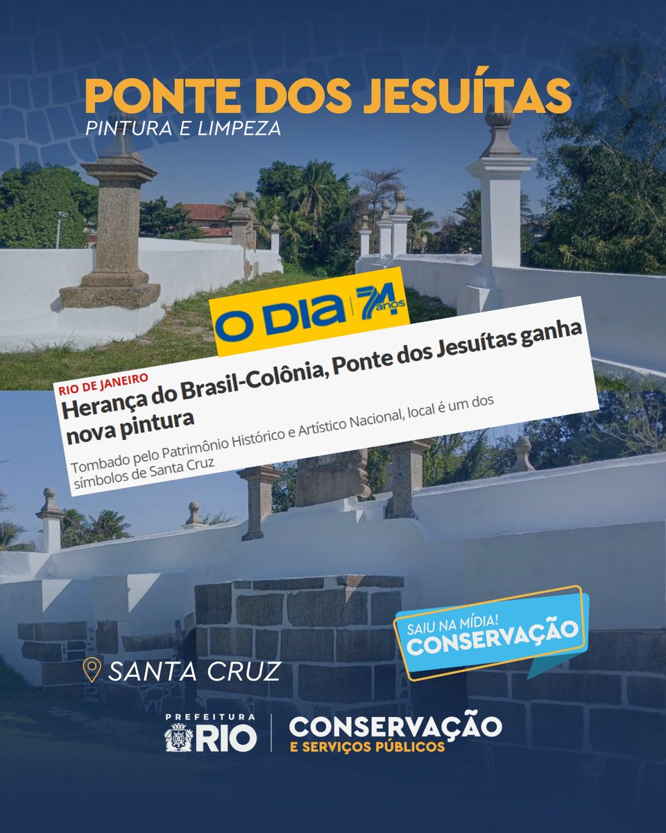 ✅ A Ponte dos Jesuítas, em Santa Cruz, acaba de ganhar nova pintura!

A técnica com cal virgem preserva esse patrimônio histórico tombado, construído em 1752.

O monumento é um símbolo da engenharia colonial brasileira.