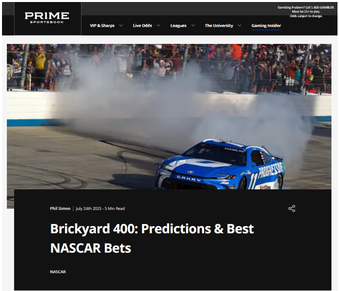 Brickyard 400: 
Predictions &amp; Best NASCAR Bets

Denny Hamlin made it two straight wins in Dover with his victory last week at the EchoPark 400. Hamlin is the betting favorite on the early NASCAR odds to win his second race in a row this season when the field of drivers heads to