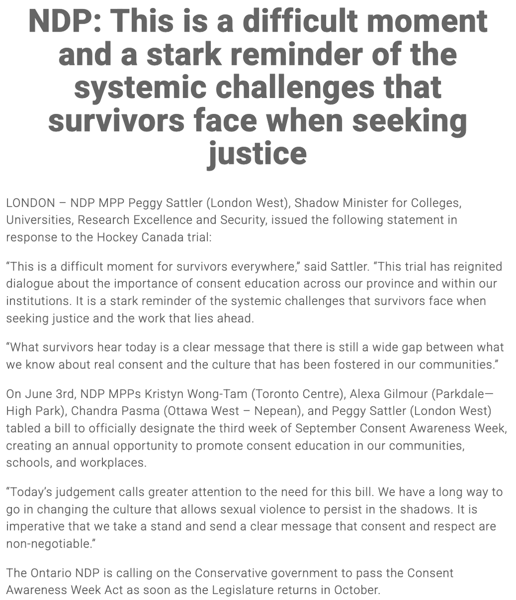 Today’s verdict is disappointing, showing the gap between what we should know about consent and the culture in our province. This is a crucial moment to support survivors and demand change.

See below for local resources and my full statement, and visit peggysattler.ca/consentawarene….