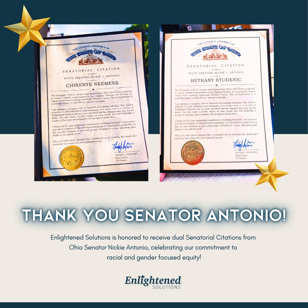 Enlightened Solutions (@workenlightened) on Twitter photo Thank you to Ohio State Senator <a href="/nickieantonio/">Nickie J. Antonio</a> for honoring us with a Senatorial Citation for 7 years of co-leading Enlightened Solutions and advancing racial & gender equity in NE Ohio and beyond!
Truly grateful to be seen. đ¤â¨
#WorkEnlightened #EquityInAction Thank you to Ohio State Senator <a href="/nickieantonio/">Nickie J. Antonio</a> for honoring us with a Senatorial Citation for 7 years of co-leading Enlightened Solutions and advancing racial & gender equity in NE Ohio and beyond!
Truly grateful to be seen. đ¤â¨
#WorkEnlightened #EquityInAction