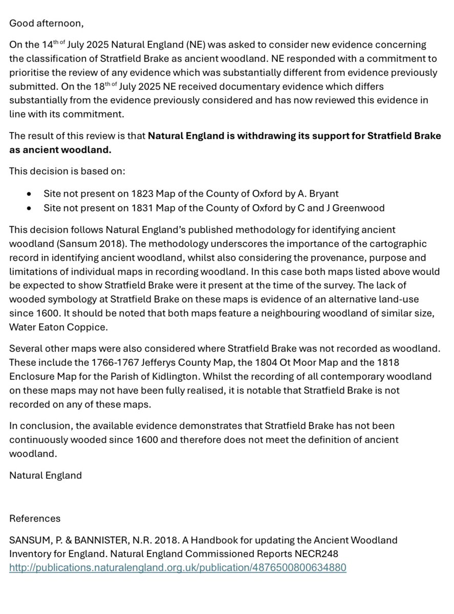 BREAKING: The sudden discovery of ancient woodland at Oxford United’s new stadium site, which caused the postponement of the crucial planning meeting this week, has been reversed. Natural England now says it is “withdrawing its support for Stratfield Brake as ancient woodland”.