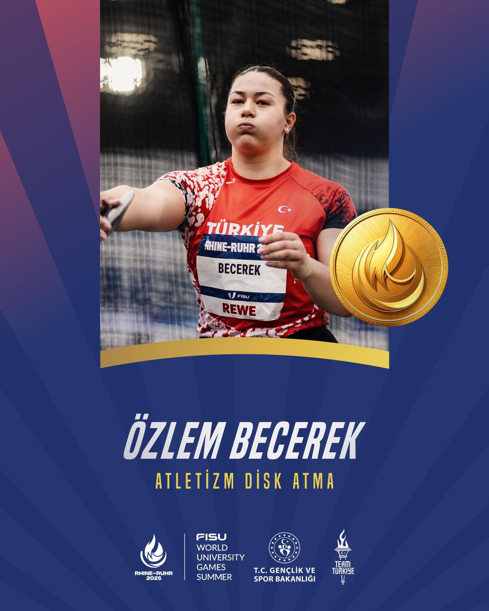 🥇Özlem Becerek'ten Altın Madalya!

🏃🏻FISU 2025 Dünya Üniversite Yaz Oyunları’nda ülkemizi atletizm disk atmada temsil eden Özlem Becerek, 61.15m'lik derecesiyle altın madalya kazandı.💫👏🏻

🇹🇷Ülkemiz oyunlarda atletizmde ikinci, toplamda ise 4. altın madalyasını kazandı.