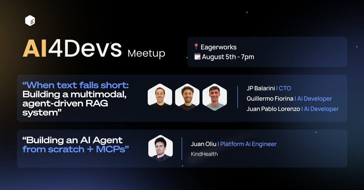 🚀 AI4Devs Meetup

Join us Aug 5 @ 7pm at Eagerworks for an evening on the future of AI — from multimodal RAG to building agents from scratch.

Talks by our AI team + Juan from KindHealth AI.

#AI4Devs #AI #RAG #Agents #Eagerworks #Meetup
