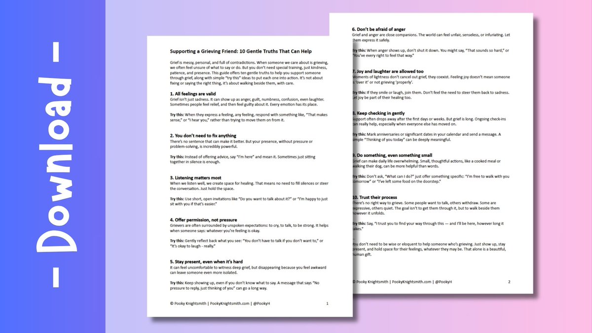 PookyH's tweet image. Supporting a grieving friend can feel awkward or overwhelming.
I’ve shared a gentle new resource with 10 simple truths that can really help, plus small, practical things you can do.
Find it here: patreon.com/posts/download…
If you like it, please share it.