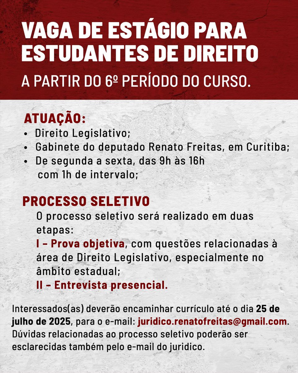 Renatoafjr's tweet image. VAGA DE ESTÁGIO PARA ESTUDANTES DE DIREITO
Interessados deverão encaminhar currículo até o dia 25 de julho de 2025 para o e-mail juridico.renatofreitas@gmail.com.
Dúvidas relacionadas ao processo seletivo poderão ser esclarecidas também pelo e-mail.