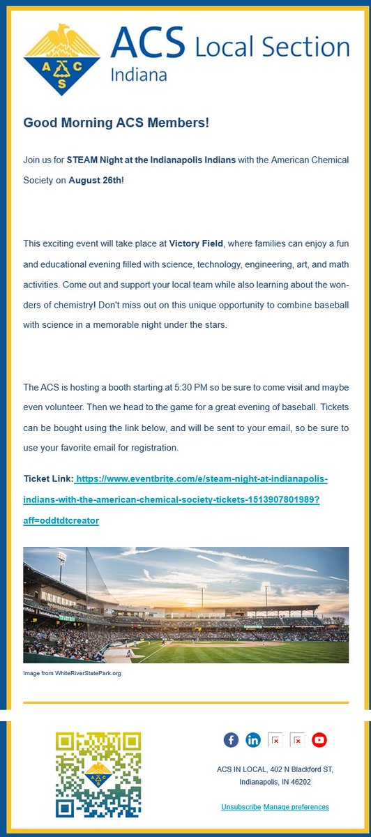 ACSINLocal's tweet image. ACS Indiana Local Section Members:

Join us for STEAM Night at the Indianapolis Indians with the American Chemical Society on August 26th! Check out the attached flyer for details. 

Get your ticket at the following link: eventbrite.com/e/steam-night-…