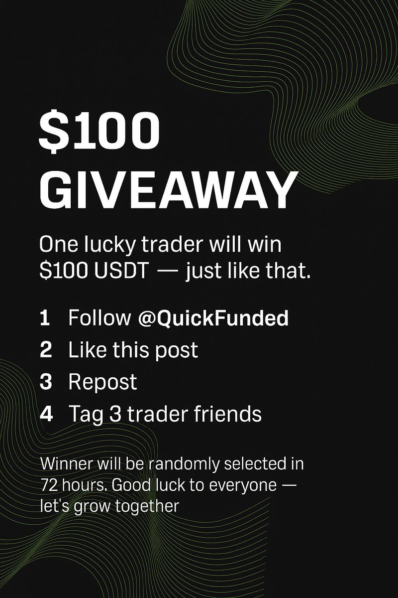 🚨$100 GIVEAWAY🚨
One lucky trader will win $100 just like that.

To enter:
1️⃣ Follow <a href="/QuickFunded/">QuickFunded</a>
2️⃣ Like this post ❤️
3️⃣ Repost ♻️
4️⃣ Tag 3 trader friends 👇

🔥 Winner will be randomly selected in 72 hours.

Good luck to everyone, let’s grow together! 💰📈