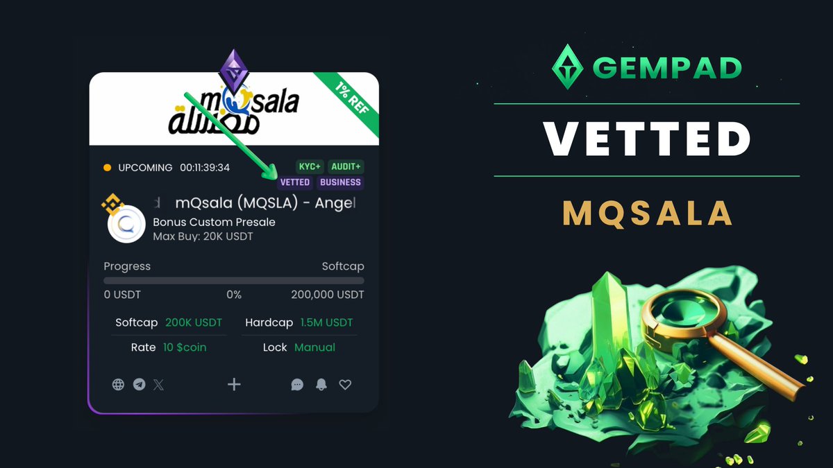 TheGemPad's tweet image. Weโre pleased to share that @mQsala_official has obtained the VETTED badge ๐งพ
๐ง You can now check a full in-depth report to better understand the project and make an informative decision before your investment! ๐ต
Their presale starts in 10hours! ๐
gempad.app/presale/0x9777โฆโฆ