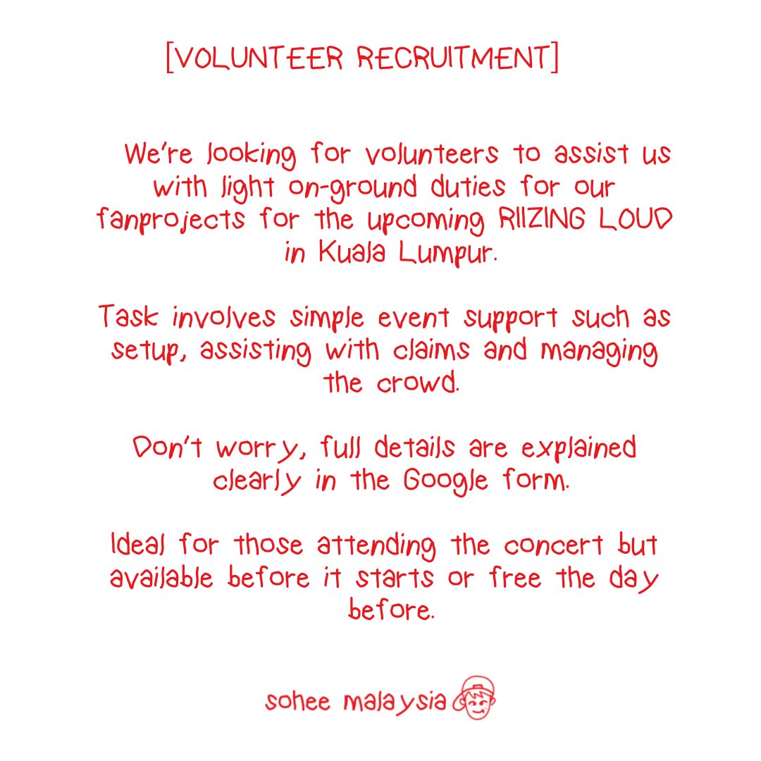 LeeSoheeMY's tweet image. [𝐕𝐨𝐥𝐮𝐧𝐭𝐞𝐞𝐫 𝐑𝐞𝐜𝐫𝐮𝐢𝐭𝐦𝐞𝐧𝐭]

We’re looking for volunteers to assist us on 15 &amp;amp; 16 August. 

🔗 tinyurl.com/252MHzCrew

Selected volunteers will be contacted via X (Twitter) DM

#252MHzLoveFrequency #RIIZINGLOUDinKL #RIIZEinKL