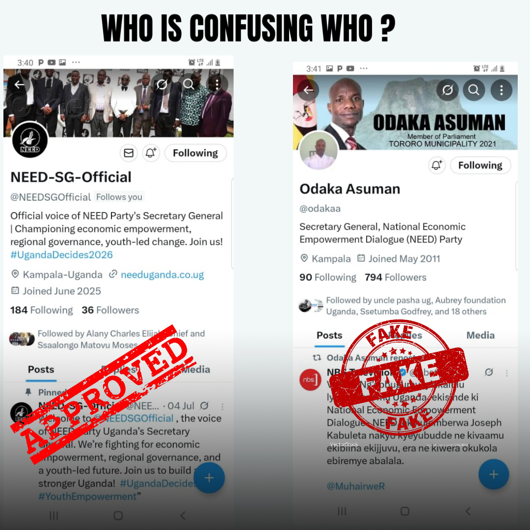 Edwine Aubrey Ssenkabirwa (@aubreyedwine) on Twitter photo π¨ SPECIAL ALERT π¨
Beware of a fake account impersonating our Party Secretary General!
The imposter, Odaka Asuman, is masquerading as the SG of NEED.
π Our ONLY official handle is: <a href="/NEEDSGOfficial/">NEED-SG-Official</a>
π Stay alert. Don't fall for deception.
CC: Mr. Joseph Kabuleta ( π¨ SPECIAL ALERT π¨
Beware of a fake account impersonating our Party Secretary General!
The imposter, Odaka Asuman, is masquerading as the SG of NEED.
π Our ONLY official handle is: <a href="/NEEDSGOfficial/">NEED-SG-Official</a>
π Stay alert. Don't fall for deception.
CC: Mr. Joseph Kabuleta (
