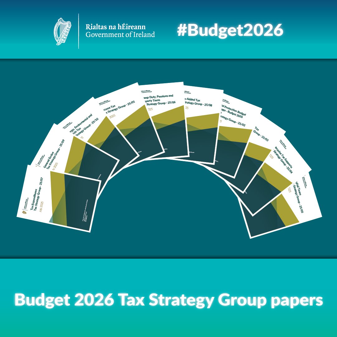 IRLDeptFinance's tweet image. The Department of Finance has today published the #budget2026 Tax Strategy Group (TSG) papers.
Read the papers in full here: gov.ie/en/department-…