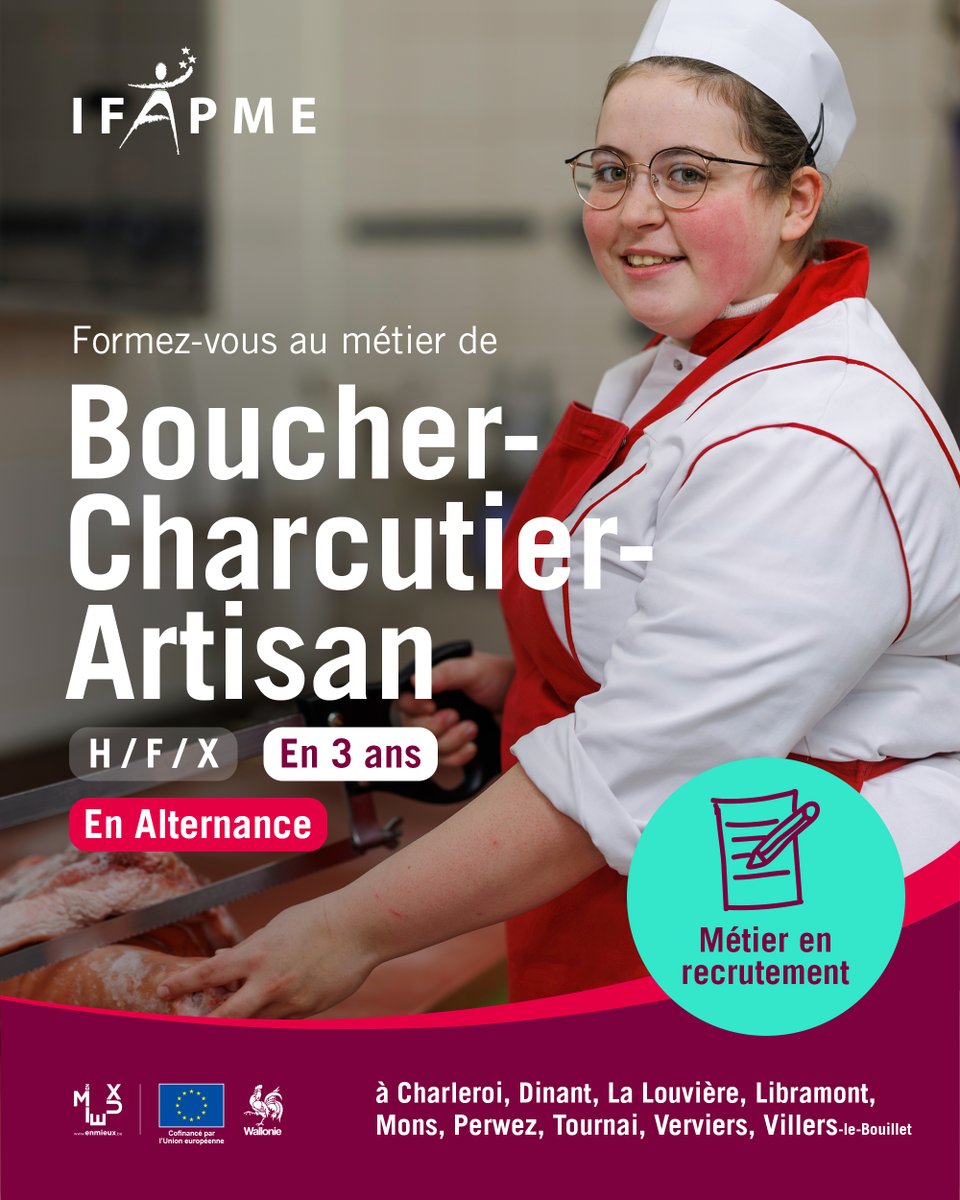 Formez vous au métier de Boucher - Charcutier – Artisan en vous formant avec l’IFAPME, un métier idéal pour les fans de viande et de charcuterie, avec de belles perspectives d’avenir ! 🥩

Envie d’entamer cette nouvelle aventure ? Plus d’infos ici ⬇︎ 
ifapme.be/formations/che…
