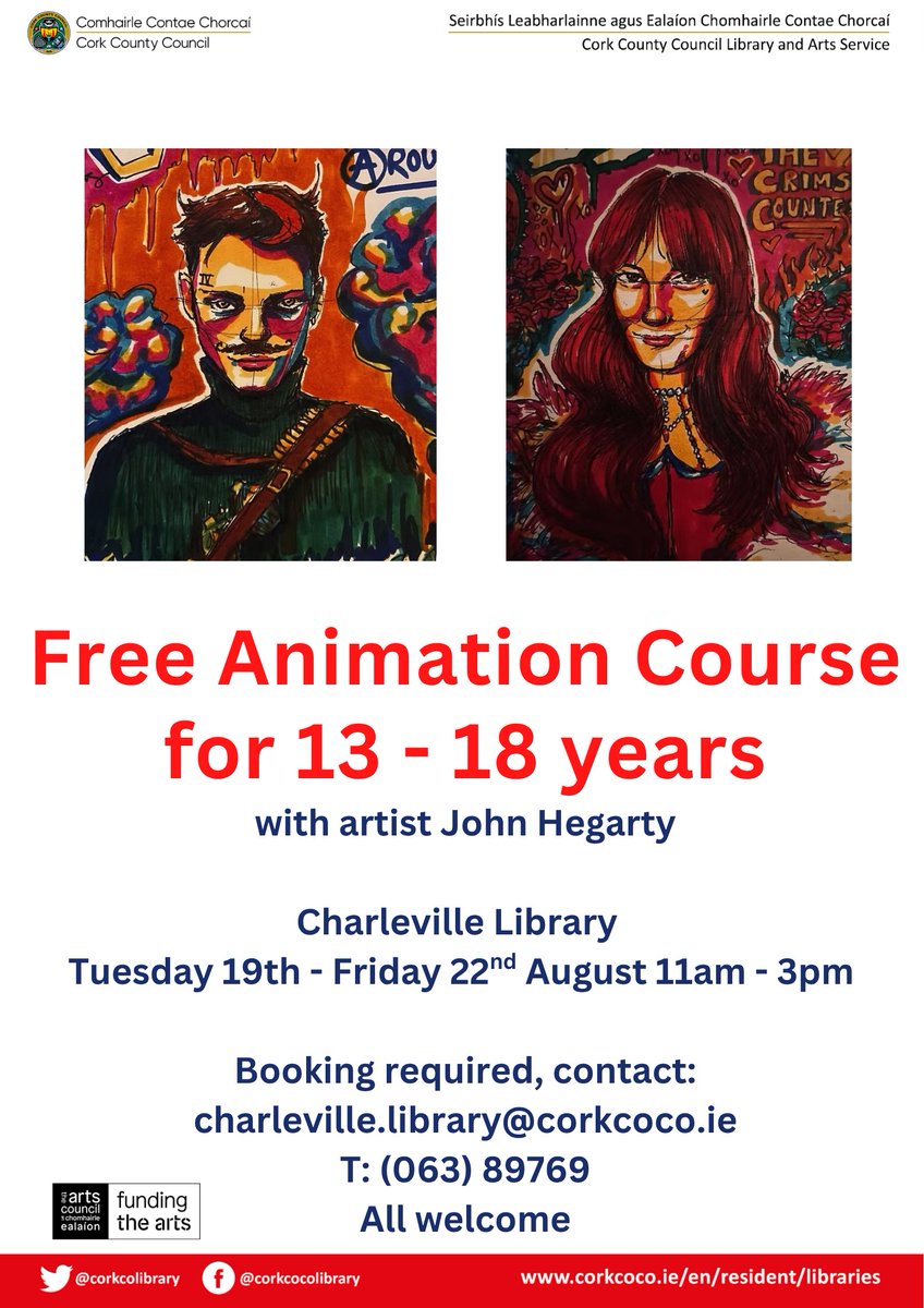 CorkCountyArts's tweet image. fantastic opportunity to learn hand-drawn animation in Charleville Library from the talented John Hegarty. Contact Library to book. Materials supplied.
Supported by the Arts Council
@Corkcoco @corkcolibrary #charleville #animation @yaycork @IEArtsCulture @artscouncil_ie