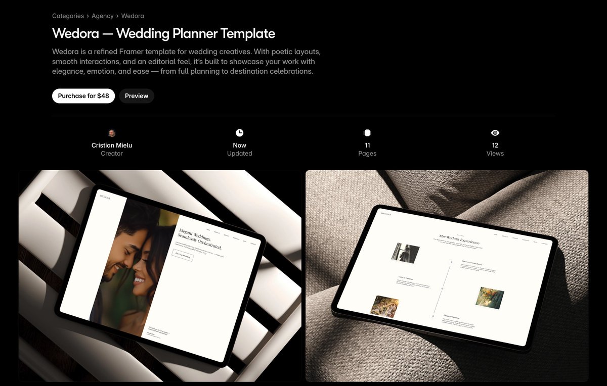 Wedora on @Framer Marketplace: 
framer.link/54Vufdx
A wedding template built for modern elegance.

🎁 20x free remix + professional usage licenses for the first comments
✂️ 50% Discount code for everyone after

Comment: Wedora
Let's go 👇