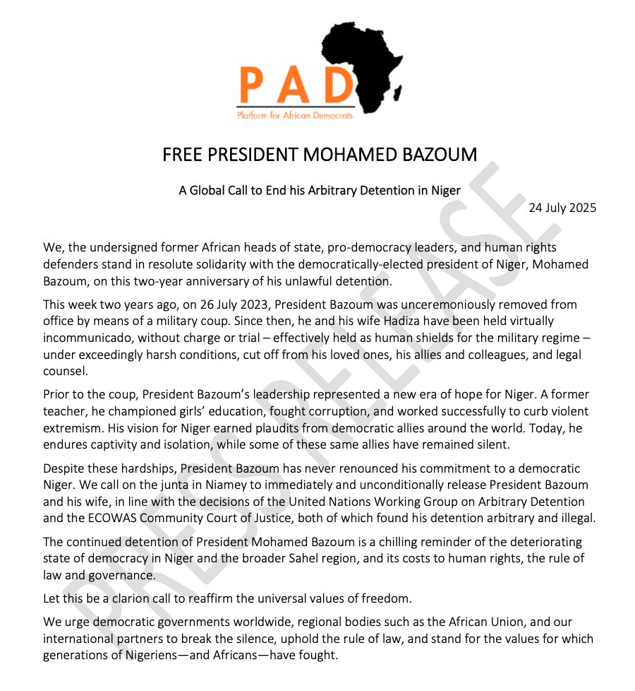 Vanguard Africa (@vanguardafrica) on Twitter photo We join the Platform for African Democrats, and former president Ian Khama, to call on #Niger's junta to immediately and unconditionally release <a href="/mohamedbazoum/">Mohamed Bazoum</a>, who, along with his wife, has been held hostage for two years. The time has come. #FreeBazoum
pad.africa/blog/free-pres… We join the Platform for African Democrats, and former president Ian Khama, to call on #Niger's junta to immediately and unconditionally release <a href="/mohamedbazoum/">Mohamed Bazoum</a>, who, along with his wife, has been held hostage for two years. The time has come. #FreeBazoum
pad.africa/blog/free-pres…