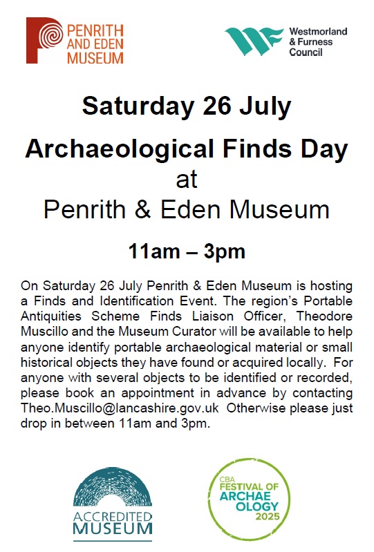VisitEden's tweet image. Archaeological Finds Day at @penrithmuseum - Saturday 26 July.
The region’s Portable Antiquities Scheme Finds Liaison Officer & the Museum Curator will be available to help anyone identify portable archaeological material.
orlo.uk/AL9LN