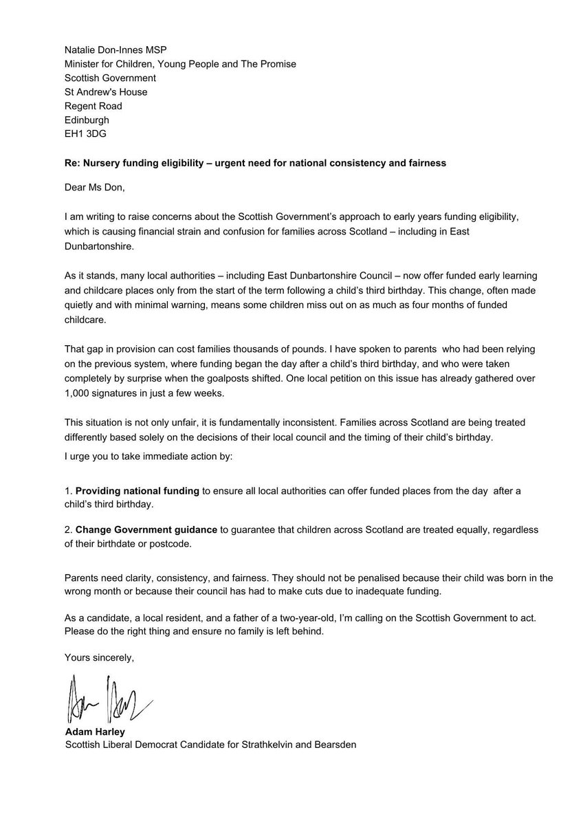 As a local dad &amp; MSP candidate, I’ve written to the Minister for Children urging a rethink on nursery funding rules.

Some 3-year-olds in East Dunbartonshire will now miss out on months of funded childcare, costing families £1,000s

📢 Sign the petition: change.org/p/reverse-poli…