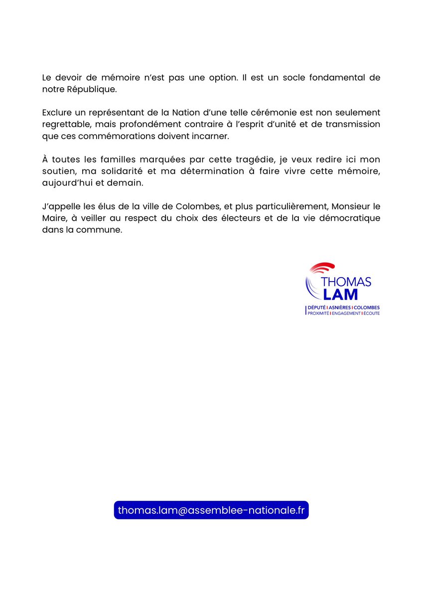 Très récemment, j’ai appris avec regret, la tenue d’une cérémonie de commémoration de la Rafle du Vel d’Hiv organisée dans ma circonscription le dimanche 20 juillet à Colombes.
Je n’y ai pas été invité...
J’aurais voulu être là, comme député et comme citoyen.
Voici mon communiqué