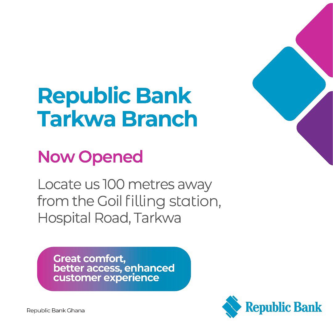 The wait is finally over!🎉🎊
Our newest branch is now opened in Tarkwa.  
Walk into our branch and experience world-class banking!
Republic Bank. We’re the One for you!