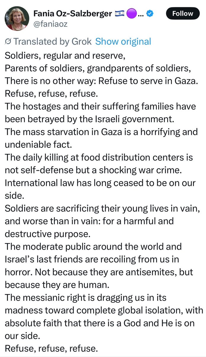 Partners4Israel's tweet image. Call by @faniaoz for mass refusal to serve in Gaza. It's not our job to tell Israeli soldiers whether to serve or refuse, but there are signs that Israeli society might finally be reaching a saturation point regarding the immense suffering Israel's inflicting on Gaza's civilians.
