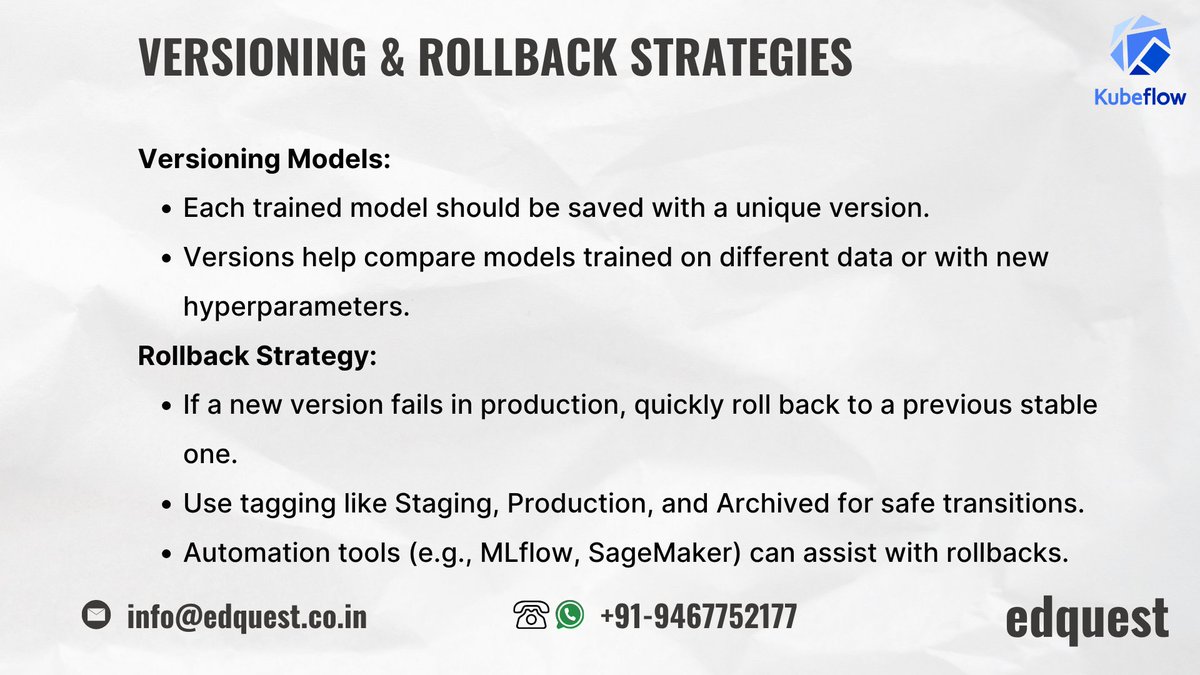 edquestofficial's tweet image. Model Versioning in MLOps & LLMOps
🧪 Track experiments w/ Kubeflow
⚙️ Manage models with confidence
🔁 Rollback & versioning strategies
🔧 Setup and core components
🎥 youtube.com/watch?v=YJln4u…
#MLOps #Kubeflow #ModelVersioning #edquest