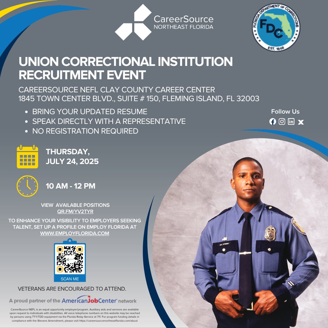 CareerSourceNEF's tweet image. Union Correctional Institution is having a Recruitment Event **TODAY** 
CSNEFL Clay County Career Center
Thursday, July 24, 2025 at 10:00am - 12:00pm
Check their list of open positions: QR.FM/YV2TYR
#jobseekers #jaxjob #fl_corrections #careersourcenefl
