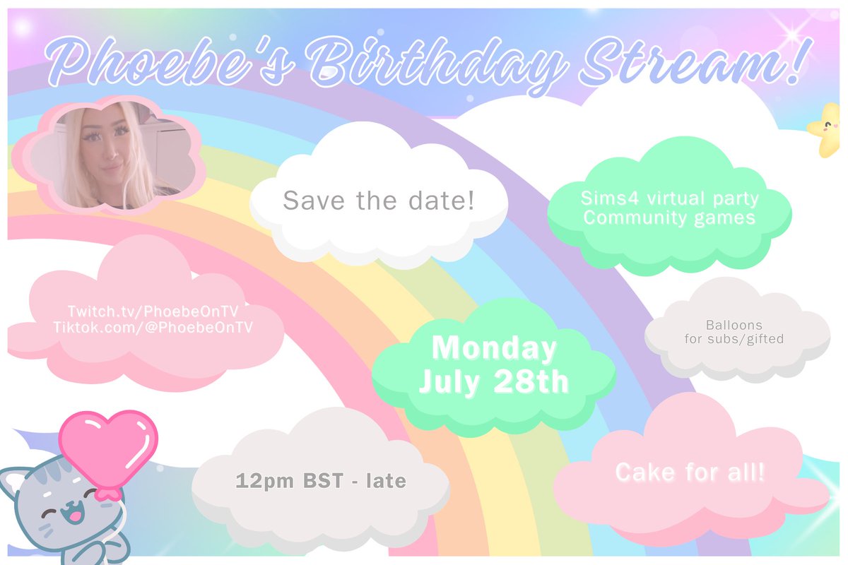 PhoebeOnTV's tweet image. ITS MY BIRTHDAY STREAM ON MONDAY AND YOU'RE ALL INVITED!!!
There will be party hats, balloons and cake for all!
I'll also be having a virtual party in Sims4 with some of the community!
Anyone that had uploaded their Sim to the sims gallery hashtag #POTV2025 will be featured!