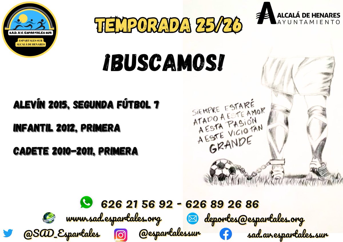 Si has nacido en los años indicados y quieres formar parte de nuestro club, ponte en contacto con nuestros coordinadores de fútbol y ficha por Espartales Sur.
¡Te estamos esperando! 🧡🖤

<a href="/AytoAlcalaH/">Ayuntamiento de Alcalá de Henares</a> <a href="/Alcala_Deporte/">Alcalá es Deporte</a> <a href="/AlcalaHoy1/">AlcalaHoy</a> <a href="/elpuertadmadrid/">PUERTA DE MADRID</a> <a href="/RFFM_oficial/">RFFM</a>
