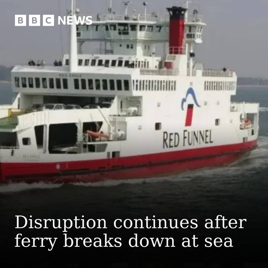 BBCSouthNews's tweet image. Red Funnel's Red Eagle ferry needed the help of a tugboat after it suffered an engine fault on Southampton Water.
Read the story - with information on cancellations - here: bbc.in/4l5MIyI