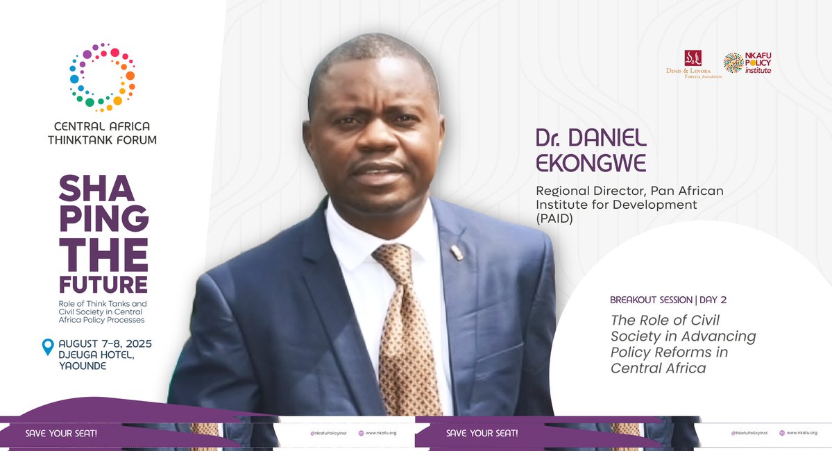 NkafuPolicyInst's tweet image. From #diplomacy to #peacebuilding, Dr. @DanEkongwe brings unmatched insight to the #2025CATTF. Catch him on Aug. 8 in Yaoundé as he unpacks civil society’s vital role in driving reform across #CentralAfrica.
🔗nkafu.org/cattf-2025
#CivicEngagement