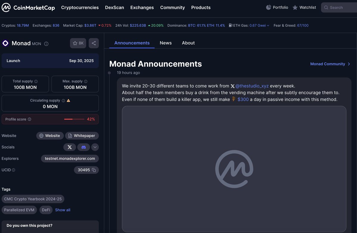 vgharshul's tweet image. This is a cheap marketing tactic by @CoinMarketCap please don’t fall for it.
No information has been confirmed or verified. If something like this were actually happening, Monad would announce it through their official social channels and update their docs accordingly.
Also,…