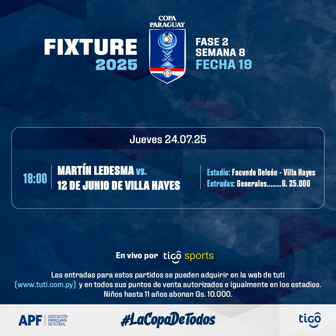 ✅ La Semana 8 de la #CopaParaguayAPF🇵🇾, cierra con el juego previsto para hoy en Villa Hayes.

🎫 Las entradas están en venta en la web de tuti (tuti.com.py) y en todos sus puntos de venta autorizados e igualmente en cada estadio.

📺 Transmisión en vivo por
