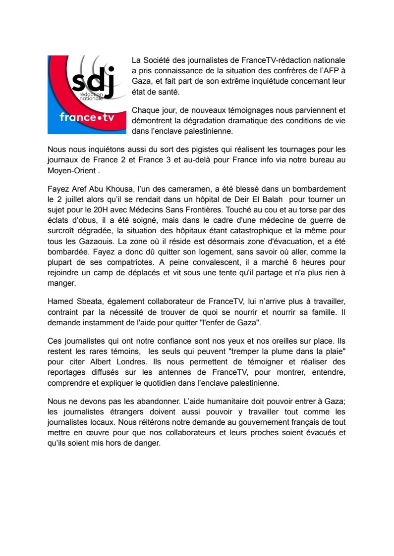 SDJFranceTV's tweet image. Nous nous inquiétons du sort des pigistes qui réalisent à #Gaza les tournages pour les journaux de France 2, France 3 et Franceinfo, en collaboration avec @FTVMoyen_Orient
Nous en appelons au gouvernement français @jnbarrot