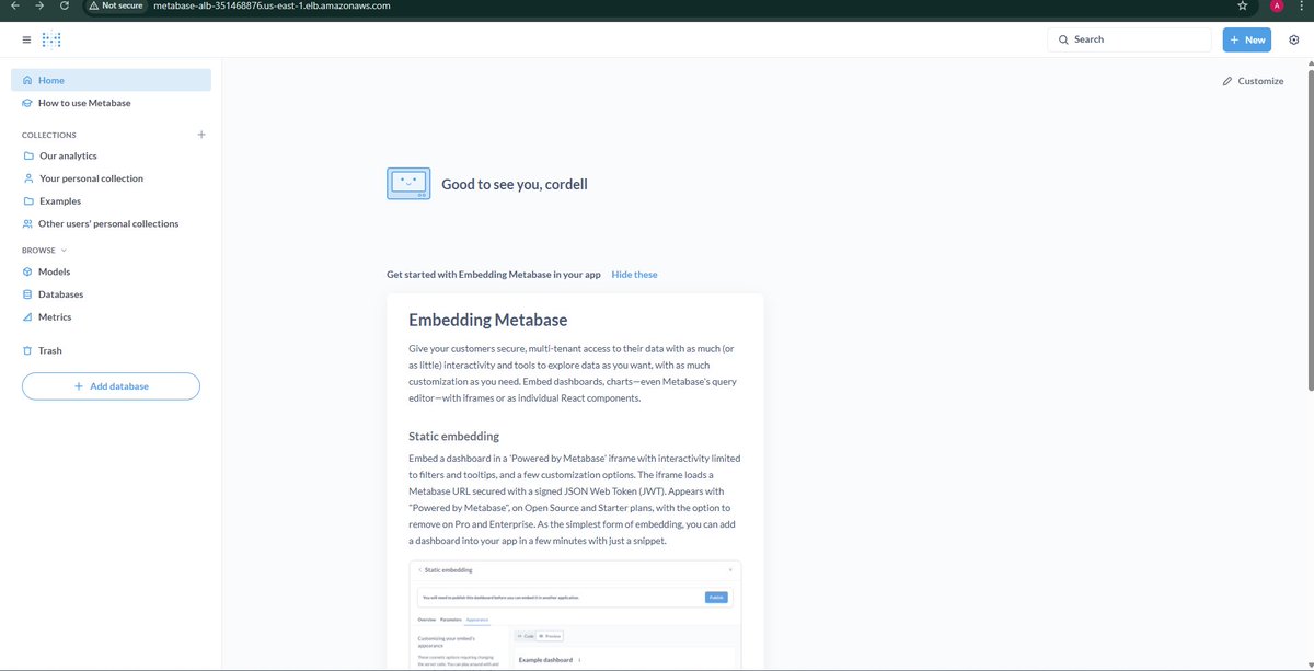 kredoll's tweet photo. Week 6 of the @cloudsecnetwork #AWSBootcamp
with @cloudsecnetwork
The task: Deploy Metabase using Amazon's cloud tools (ECS, RDS, Load Balancer)
@ireteeh, @segoslavia, @akintunero, @OnijeC
First attempt:
PostgreSQL wouldn’t connect.
Second attempt:
The ECS task failed silently. https://t.co/ztGj7sNBea