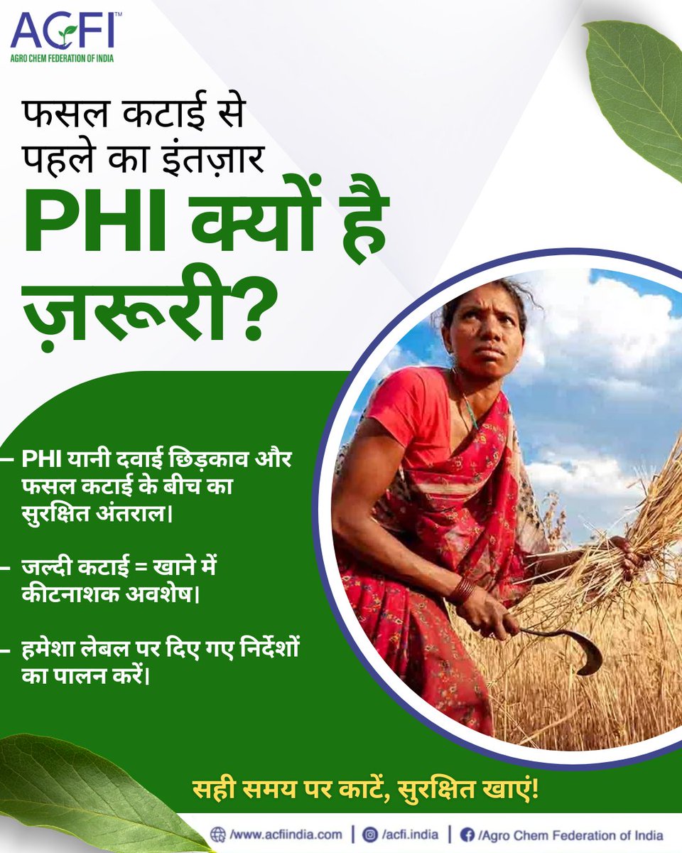 सही PHI का पालन करें ताकि आपकी थाली में पहुंचे सुरक्षित और स्वस्थ फसल। 🌾🥗

#PHI #सुरक्षितफसल #SmartFarming #AgriAwareness #PesticideSafety #खेतीकीसहीरीत #Agrochemicals #acfiindia #ACFI #AgroChemFederation