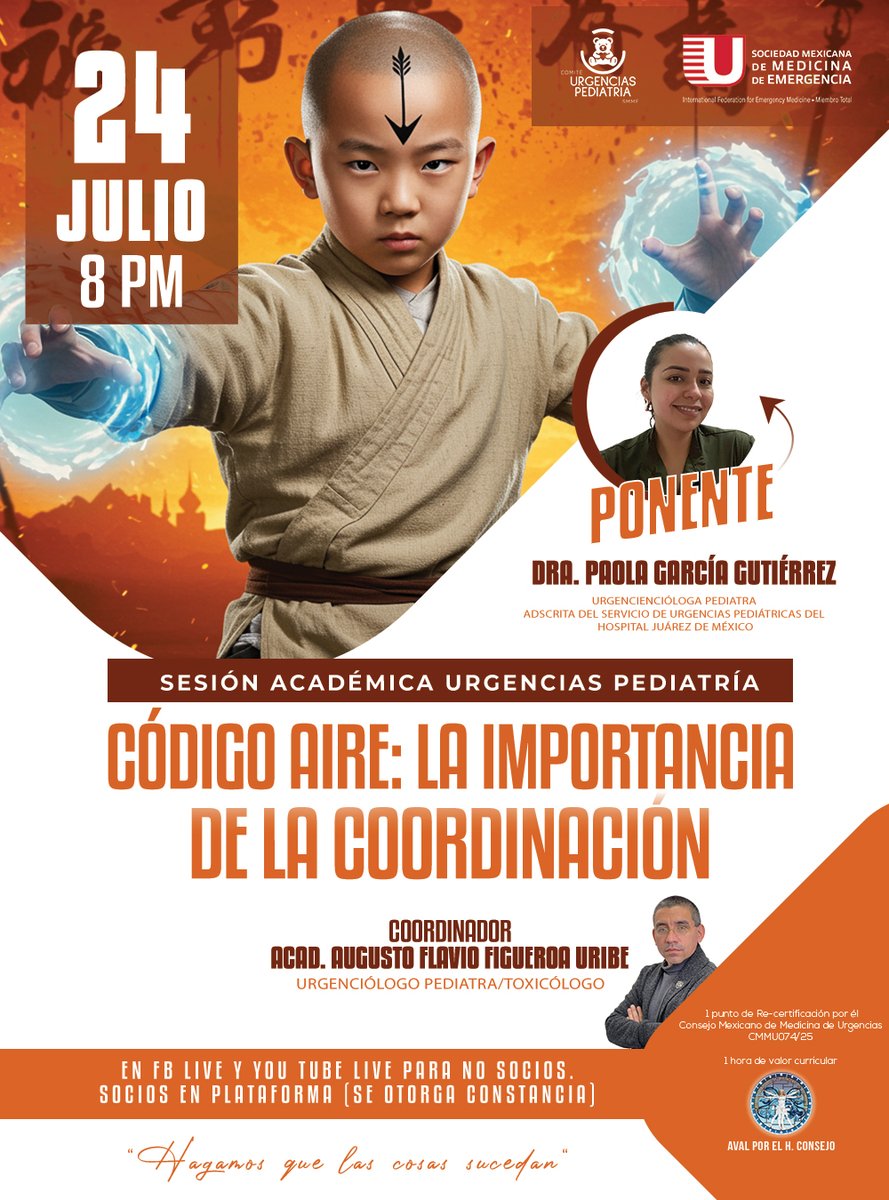 Únete a la sesión académica #SMME: Código Aire 🚑
Tema: Coordinación en urgencias pediátricas
🎙️ Dra. Paola García
🗓️ Jue 24 julio | 🕗 20:00 h
📺 FB &amp; YouTube Live
🔐 Constancia en smme-ac.com
#UrgenciasPediatría