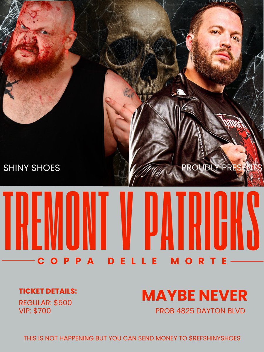 RefShinyShoes's tweet image. As (falsely) announced last night on stream (as not happening) is a match up selfishly (not) booked for me and me alone, the rest of you can (again not really) enjoy it too.
I (do not) present @TremontGCW v @DalePatricks