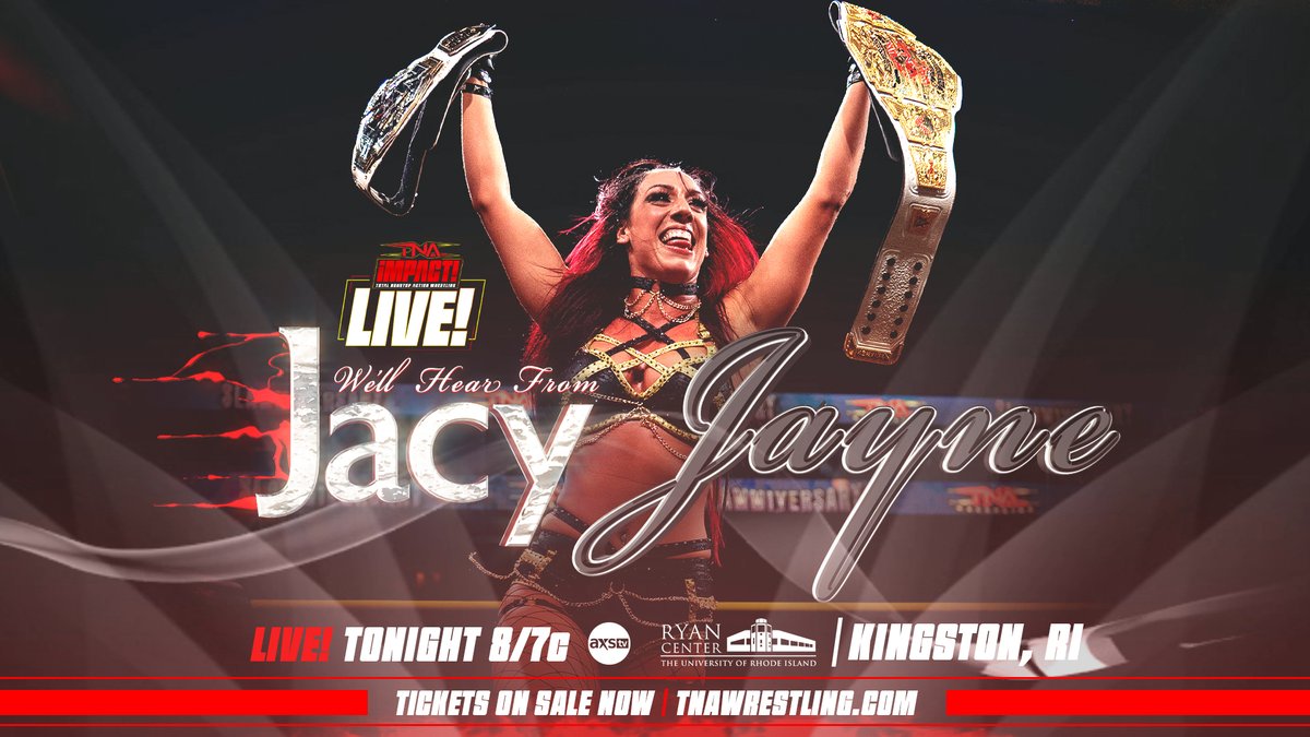 TONIGHT at 8/7c LIVE on <a href="/AXSTV/">AXS TV</a> in the US, Sportsnet 360 in Canada and TNA+ worldwide.

After winning the Title vs. Title match at #TNASlammiversary, <a href="/jacyjaynewwe/">Jacy Jayne</a> stands as double champion. What will she say on her first #TNAiMPACT! as TNA Knockouts AND <a href="/WWENXT/">WWE NXT</a> Women's Champion?