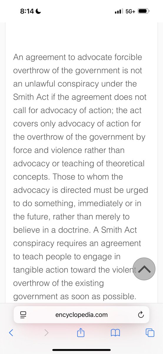 gr52275's tweet image. The Smith Act of 1940 is part of the Alien Registration Act and was aimed at anarchists and communists but applies to any conspiracy that advocates action—opposed to mere abstract theory-for the violent overthrow of the government. This is true even if the call for action is some…