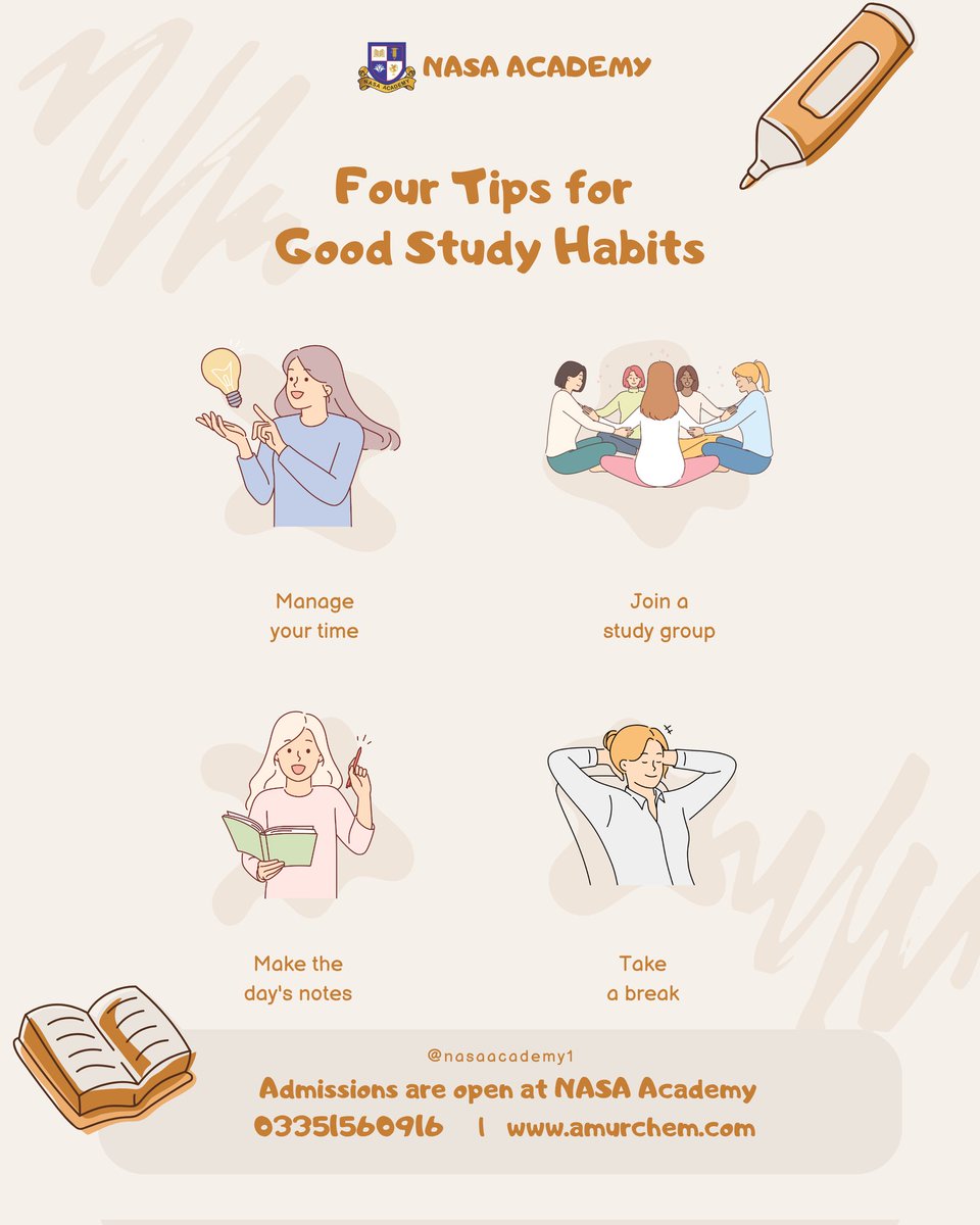 RaufIjaz2's tweet photo. Four tips for Good Study Habits
Manage your time
Join a study group
Make the day's notes
Take a break
#HomeTuition #OnlineTuition #OnlineClasses #TuitionAcademy #TutorsAvailable #StudyWithUs #BestAcademy #TopTutors #MatricPreparation #FScPreparation #Matric2025 #FSc2025 #Class9 https://t.co/GUlq79OKr5