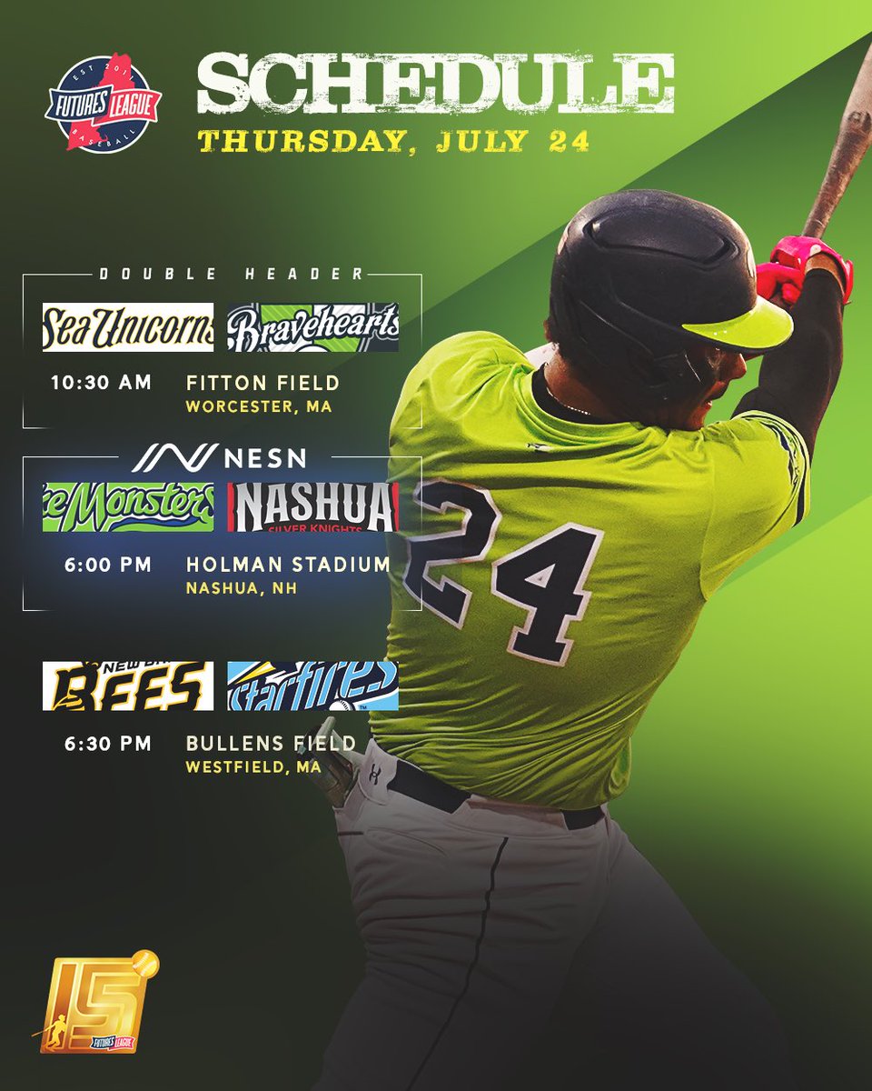 FuturesLeague's tweet image. The #FuturesLeague is back from the All-Star break!
#WooBall💚 and #SeaUnicorns🦄 play two — a regularly scheduled contest and a suspended game — before #SilverKnights⚔️ host #FUTURESxNESN during the evening slate.