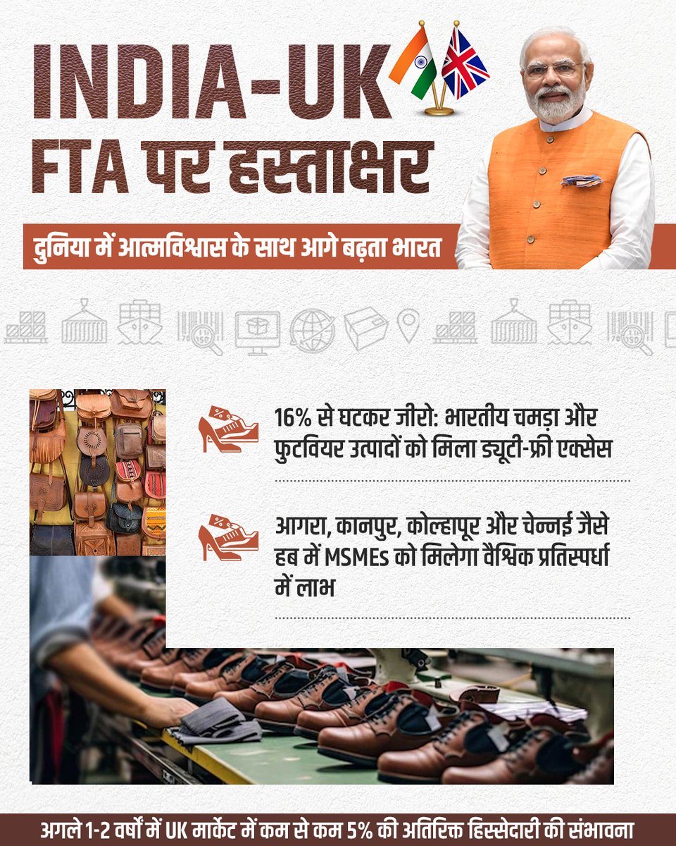 दुनिया में आत्मविश्वास से आगे बढ़ता नया भारत!

भारत के चमड़ा और फुटवियर उत्पादों को UK में मिला ड्यूटी-फ्री एक्सेस।

#IndiaUKFTA